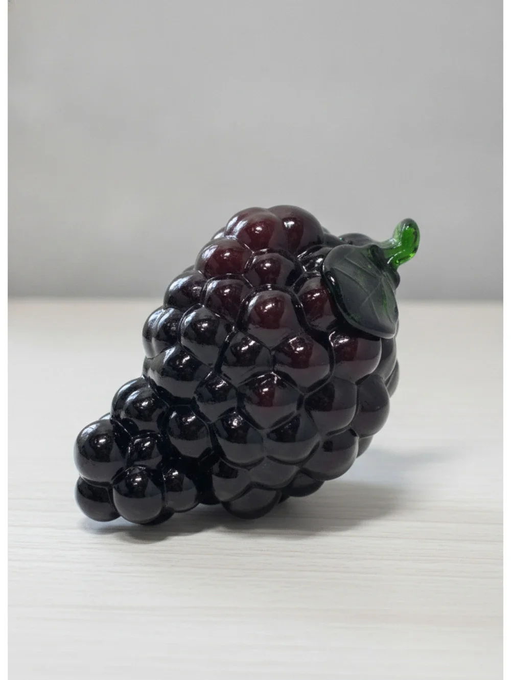Decorative Hand-Blown Glass Grape Cluster Figurine with Green Leaf Accent